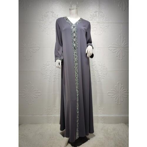 Muslim Diamond Gray Fashion Plus Size Dress Ramadan Eid Dubai Abaya Kaftan Turkish Jalabiya Islamic Maxi Dresses Women Clothing