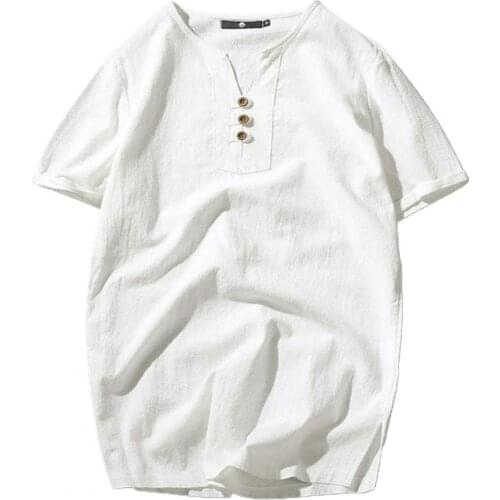 Mens Summer Breathable Soft Stylish Linen Blend T shirts Male Vintage Loose Short Sleeve V-Neck tshirt Tops Casual Male Clothes