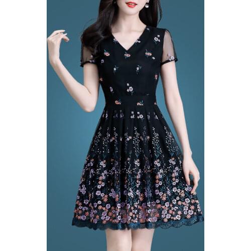Temperament Waist New Short-Sleeved Flower Embroidery Summer Elegant Soft Net Gauze Women Plus Size Cocktail Dresses 4160