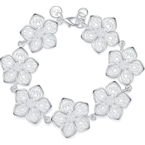 New 925 Sterling Silver Bracelet, Fashion Flower Bracelet for Woman Charm Jewelry Wedding Gift