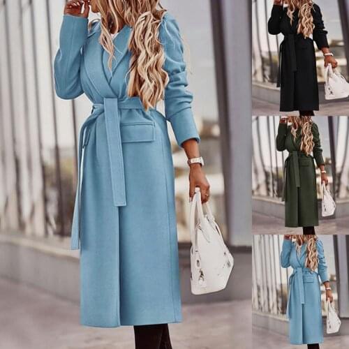 Autumn Winter Women Lapel Long Sleeve Outerwear Solid Color Belt Coat Jacket