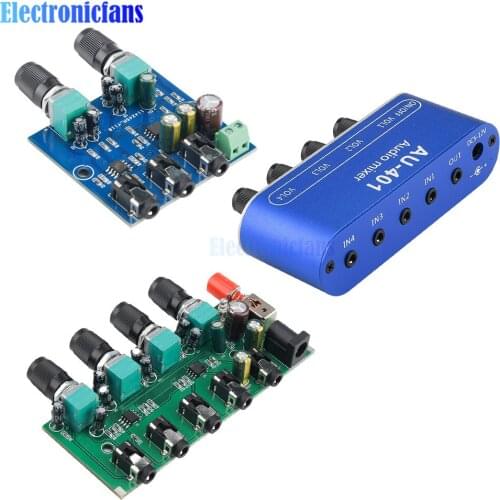 DC 5V-12V AU-401 2/4 Channel Input 1 Channel Output Audio Signal Mixing Board Module Sound Mixer Stereo Control Amplifier Board