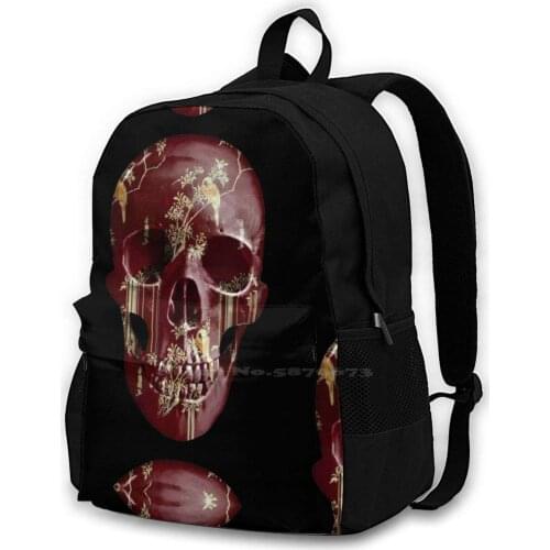 Teargarden Skull - Red Skull With Gold Birds Large Capacity Fashion Backpack Laptop Travel Bags Skull Punk Goth Emo Fashion