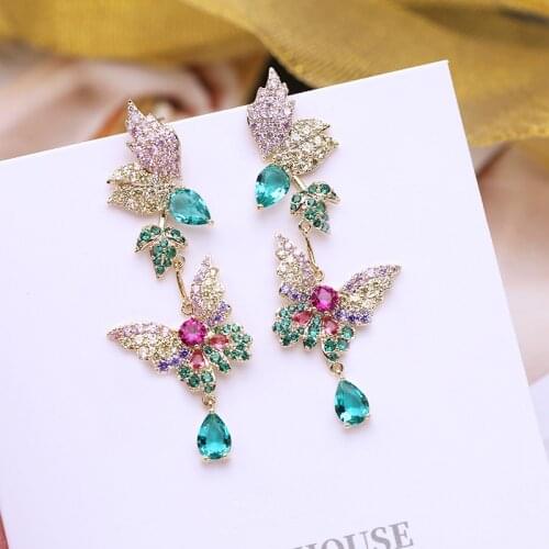 European And American Fashion Color Leaf Simple Banquet Earrings Long Retro Gem Elegant Sweet Butterfly Ear Jewelry Female