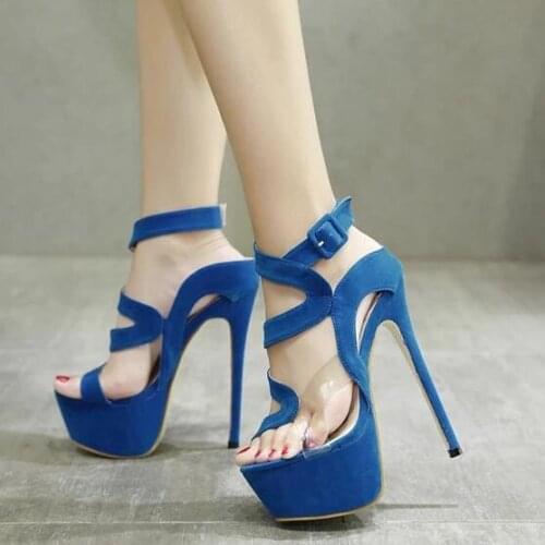 Sexy Blue Heels Pumps Women Shoes Peep Toe Cut-out Cross Strap PVC Buckle Strap Platform Shoes Stiletto Heels Banquet Shoes