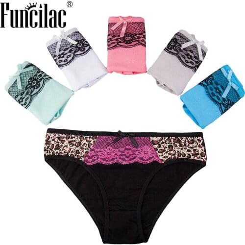 FUNCILAC Lace Women Panties Seamless Leopard Print Underwear Sexy Briefs Lace Briefs Cotton Panty Ladies Underpants 5pcs/lot