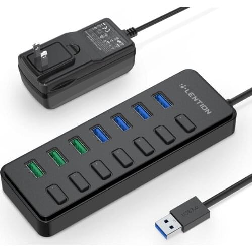 7 Ports USB 3.0 Hub Splitter with 4 Port USB Hub + 3 USB Fast Charging Port, 36W (12V/3A) Power Adapter and Individual On/Off