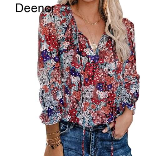 Deenor Summer Women Floral Print Shirt V-neck Long Sleeve T-shirt Lady Printing Tops Female Chiffon Shirt Loose Casual Pullover