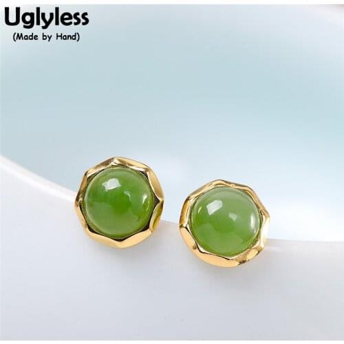 Uglyless MINI Gemstones 7MM Hotan Jasper Studs Earrings for Women Real 925 Silver Brincos Faceted Frame Dress Earrings Gold Jade