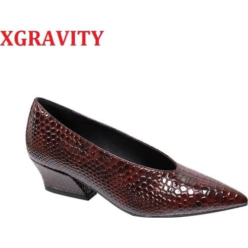 XGRAVITY C333 New Crocodile Chunky Mid Heel Pumps Elegant Women High Heel Shoes Pointed Toe V Cut Ladies Shoes Woman Footwear