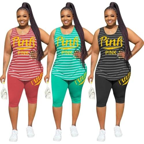Women Casual Pink Letter Print Two Piece Set New Summer Rompers Sexy Striped T Shirts Short Pants 2pcs Sports Outfits
