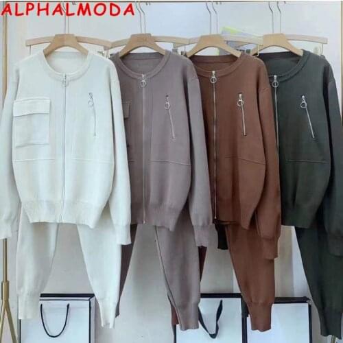 ALPHALMODA 2020 Winter New Fashion Tracksuits Women Stylish Zip Pocket Cardigans Trousers 2pcs Trendy Loungee Sets Outfit