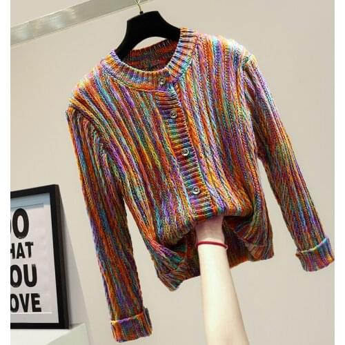 2020 Autumn Korean Style Womens Sweater Fashion Cool Multi-Color Stripe Long Sleeve Knitted Cardigan Coat Fashion Jumper Mujer