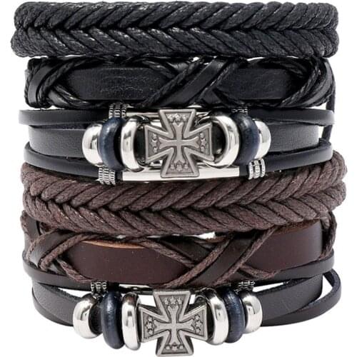 6pc Fashion Punk Vintage Cross Leather Bracelet Multilayer Braided Retro Charm Casual Bangle Wrap Wristbands Rock Hippie Jewelry