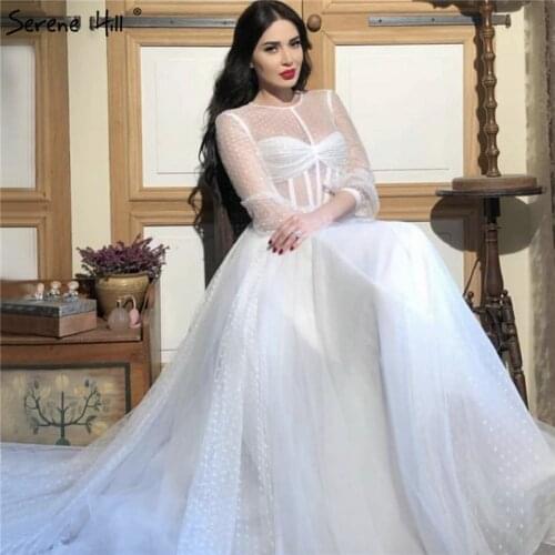 White Perspective Long Sleeves Sexy Prom Dresses 2020 O-Neck Simple A-Line Prom Gowns Long Serene Hill BLA70067