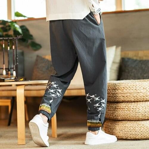 Ethnic Style of Embroidery Trousers Men Harem Pants Japanese cotton flaxen trousers ankle banded pants men loose harem Chinese s