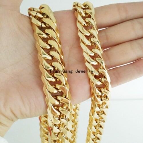 7"-40" Long Choose Yellow Gold Tone 316L Stainless Steel Curb Cuban Chain Mens 13/16mm Chain Necklace Anniversary Jewelry