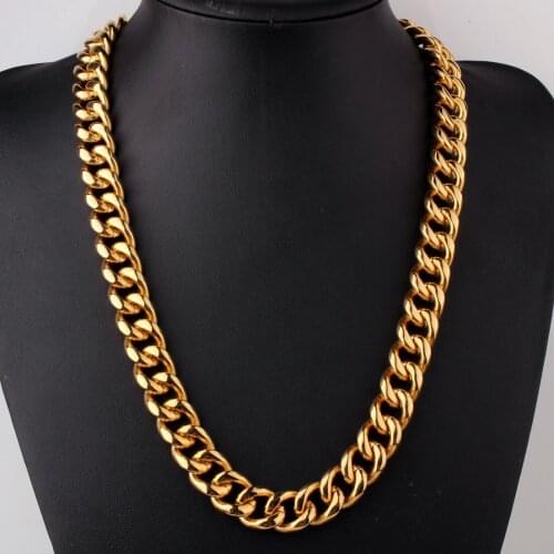 Tiasri New Style Stainless Steel Cuban Chain Gold Color Fashion Hip Hop Men Women Necklace Bracelet Jewelry Waterproof 15mm