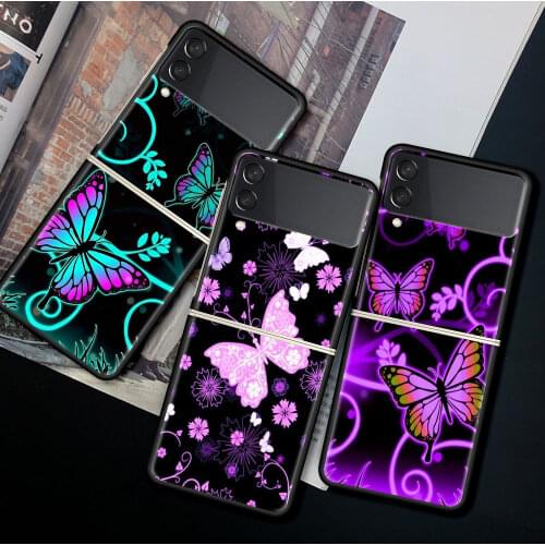 For Samsung Galaxy Z Flip 3 5G Case Luxury Matte Black Hard Phone Cover ZFlip 3 Shockproof Fundas Shell Purple Glitter Butterfly