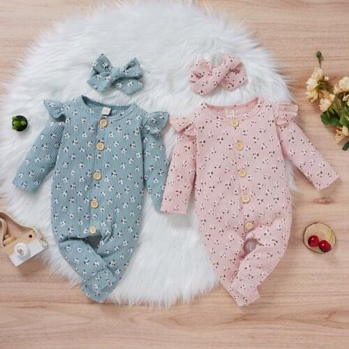 Baby Girls Floral Printed Romper Jumpsuit+Headbands Autumn Winter Long Sleeve nfant Clothing Autumn Newborn Baby Clothes