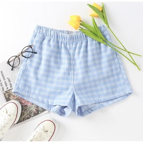Loose shorts women summer short pants high waist elastic waist shorts korean vintage shorts women blue plaid shorts streetwear