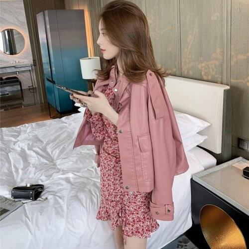 Trendy Nice New Autumn Women Streetwear Pu Pink Faux Leather Jacket Casual Female Loose Motorcycle Biker Stand Collar Coat