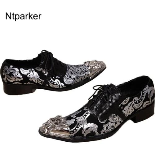Ntparker Business Dress Shoes Men Italian Style Lace-up Mens Genuine Leather Shoes with Personality Iron Pointed Toe, EU38-46
