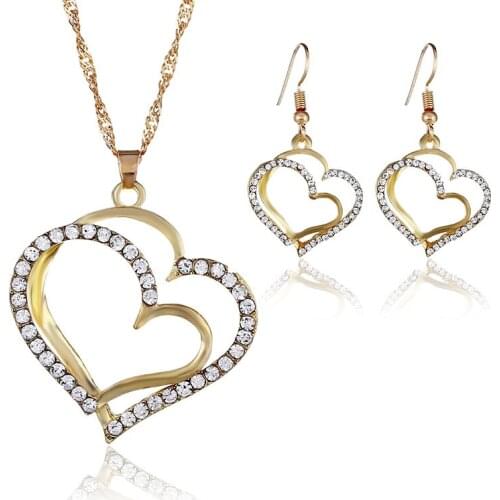 2018 Bridal Wedding Necklace Earrings Set Fashion Exquisite Hollow Double Layer Heart Shape Rhinestone Pendant Necklace