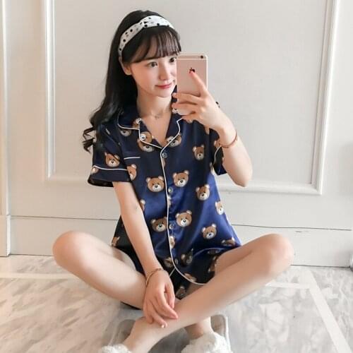 2020 New Arrivals Women Pyjamas Silk Satin Pajama Sets Cartoon Kawaii Cute Cartoon Bear Pajamas Sleepwear Sets Pijama Mujer