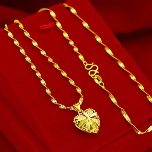 18k Gold Necklace For Women Fashion Love Heart Pendant Chain Necklace Collar Wedding Engagement Birthday Jewelry Gifts Necklace