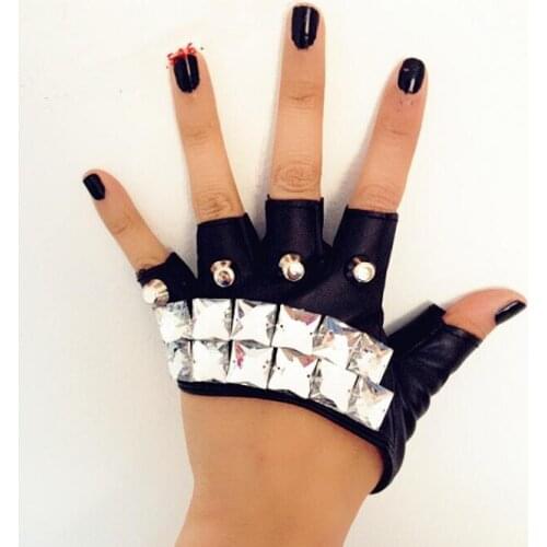 Men Womens fashion Hip-hop ds acrylic Rhinestone PU leather gloves ladys rivet night club performace punk gloves R1206
