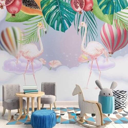 Custom 3D Mural Wallpaper For Kids Hand Painted Leaf Hot Air Balloon Pink Flamingo Children Room Bedroom Wallpaper Wall Painting