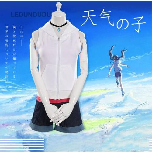 Hot Anime Tenki no Ko Cosplay Costumes Amano Hina Women Fancy Party Uniform Suit Set + Necklace for Halloween