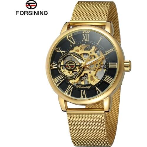 Forsining Top Brand Transparent Case Fashion 3d Logo Engraving Golden Stainless Steel Men Gift Mechanical Watch Luxury Skeleton