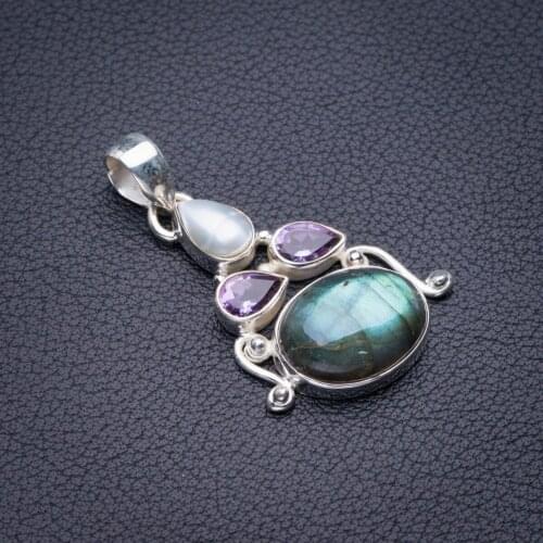 StarGems Natural Blue Fire Labradorite,River Pearl And Amethyst Handmade 925 Sterling Silver Pendant 1.5" D5304