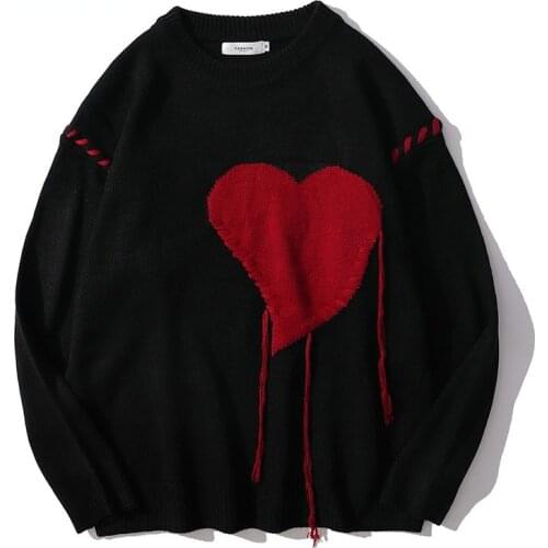 Harajuku Love Pattern Embroidery Knitted Sweater Men Letter Punk Rock Black Red Gothic Vintage Sweater Women Cute Pullover