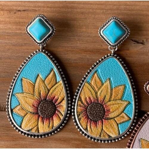 Bohemia Sunflower Turquoises Dangle Earrings for Women Chunky Waterdrop Pendant Earrings Geometric Natural Stone Boho Jewelry