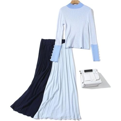 High Quality Autumn Winter Two Piece Set Women Knitted Sweater Pullover + Pleated Long Skirts Sets Fashion Casual 2 Piece Suits