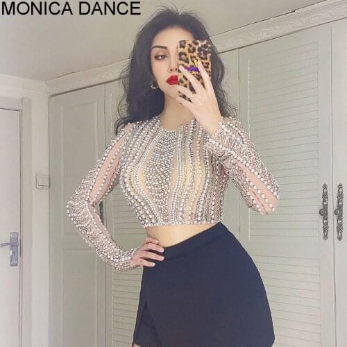 Women Sexy Glisten Silver Rhinestone Pearl Transparent T-shirt Outfit Birthday Wedding Prom Dancer Show Celebrate Top Wear