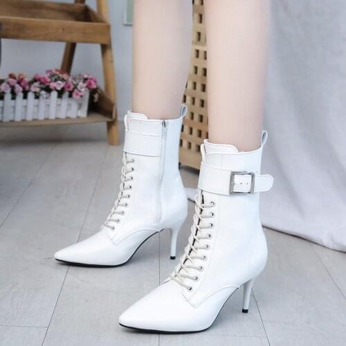 Rimocy High Heels Boots Women Sexy Pointed Toe Thin Heeled Ankle Boots Woman Winter Warm Plush Pu Leather Shoes Short Booties
