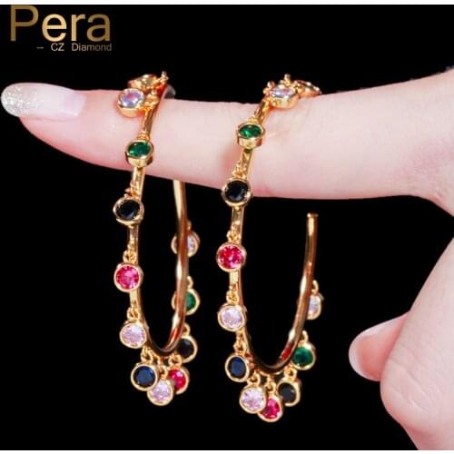 Pera Rainbow Color Round Cubic Zircon Gold Color Big Circle Hanging Hoop Earrings for Charm Women Luxury Party Ear Jewelry E446