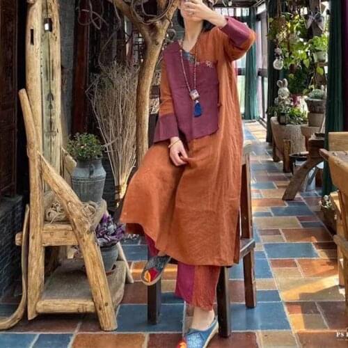 Johnature Women Vintage Patchwork Dresses Linen Print Chinese Style V-Neck Wrist Sleeve Loose 2021 Summer Dresses