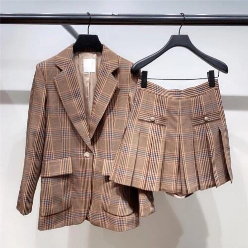 Womens two-piece set office ladies plaid long-sleeved V-neck blouse with mini skirt ruffled French brand elegant ladies suit