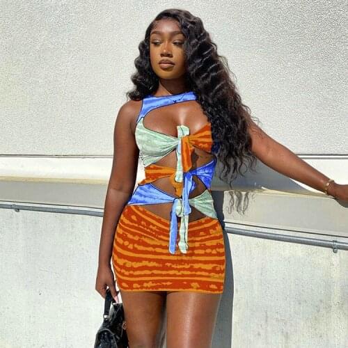 Print Contrast Summer Women Dress 2021 Sexy Color Block Patchwork Hollow Out Bandage Club Party Bodycon Mini Dress Women Outfits