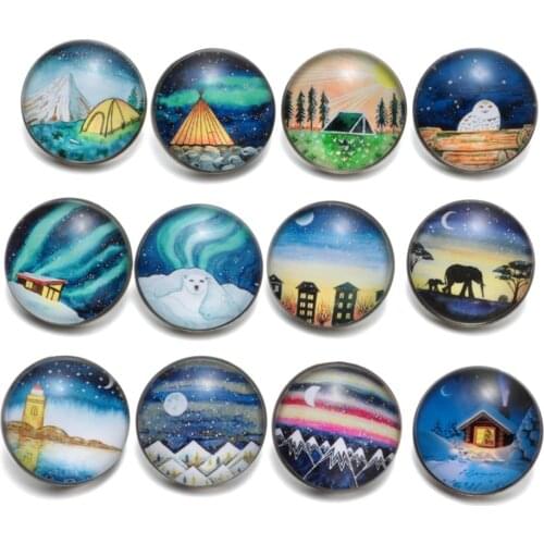 12pcs/Lot Painting Silent Village Pattern Glass Charm 18mm Snap Button Jewelry For 18mm Snaps Bracelet Snap Jewelry KZ0469