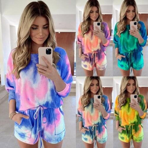 2 PCS Women Tie-dye Print Outfits Long Sleeve Round Neck T-shirt Drawstring Shorts Casual Style Clothes Tracksuit Set