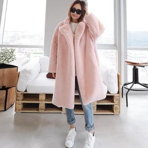 2018 Winter womens jacket faux rex rabbit fur turn-down collar coat fur parkas female Side slit long sleeve slim overcoat L1520
