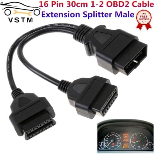 2021 Newest 30CM OBD2 16 Pin Cable Extension Splitter Male to Dual Female Y OBD 16Pin Cable 1-2 OBD Connector adapter Free Ship