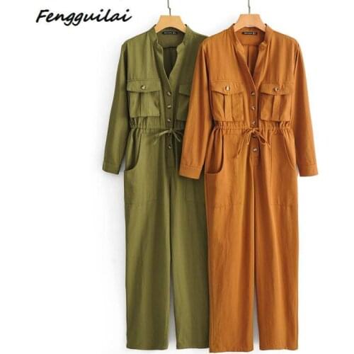 2021 Autumn Women Casual Dungarees Vintage Cotton Linen Loose Party Long Harem Overalls Rompers Jumpsuits Long Sleeve