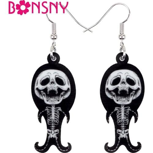 Bonsny Acrylic Halloween Skull Skeleton Earrings Print Evil Dangle Drop Jewelry For Women Girls Classic Festival Gift Decoration